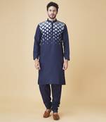 Blue silk geometric printed mens kurta & pajama