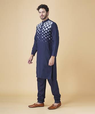 Blue silk geometric printed mens kurta & pajama 2