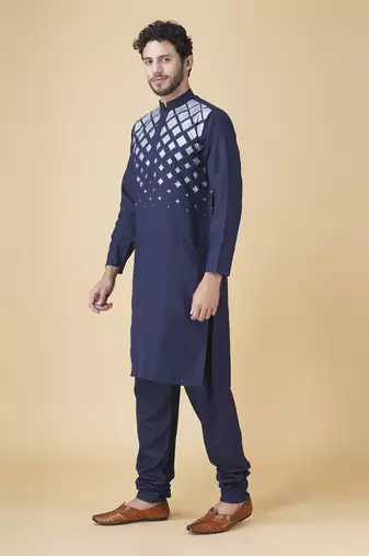 Blue silk geometric printed mens kurta & pajama