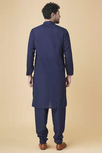 Blue silk geometric printed mens kurta & pajama