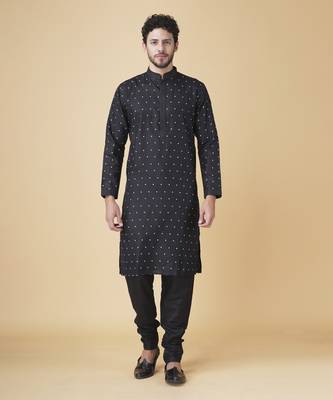 Black silk printed mens kurta & pajama 1