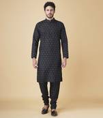 Black silk printed mens kurta & pajama
