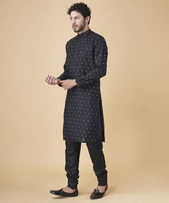 Black silk printed mens kurta & pajama 4