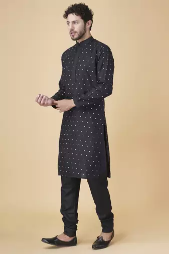 Black silk printed mens kurta & pajama