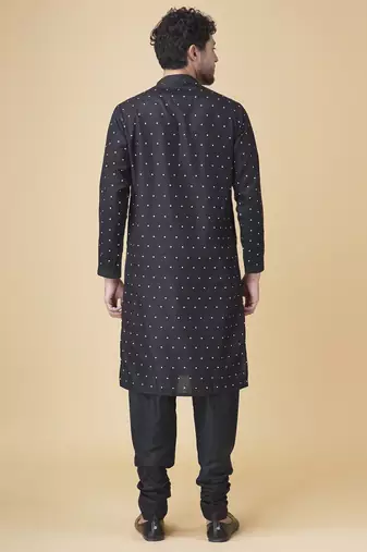 Black silk printed mens kurta & pajama