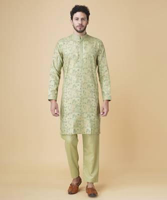 Olive green silk floral printed mens kurta & pant 1