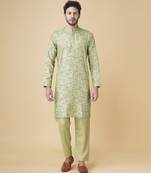 Olive green silk floral printed mens kurta & pant