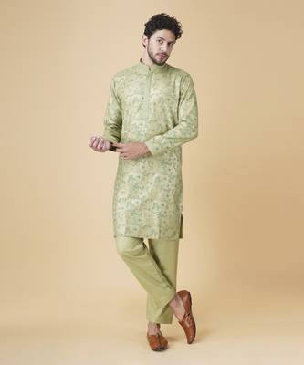 Olive green silk floral printed mens kurta & pant 2