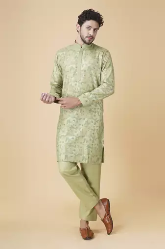 Olive green silk floral printed mens kurta & pant