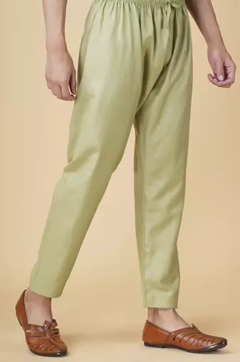 Olive green silk floral printed mens kurta & pant