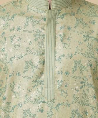Olive green silk floral printed mens kurta & pant 4