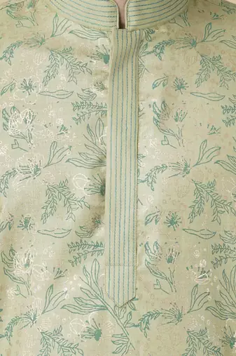 Olive green silk floral printed mens kurta & pant