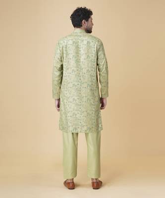 Olive green silk floral printed mens kurta & pant 5