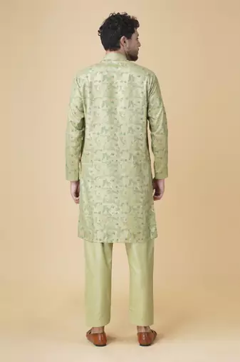 Olive green silk floral printed mens kurta & pant