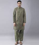 Green silk floral printed mens kurta & pant