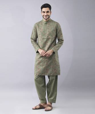 Green silk floral printed mens kurta & pant 2