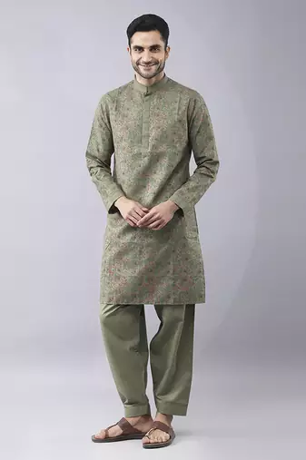 Green silk floral printed mens kurta & pant