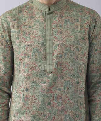 Green silk floral printed mens kurta & pant 3