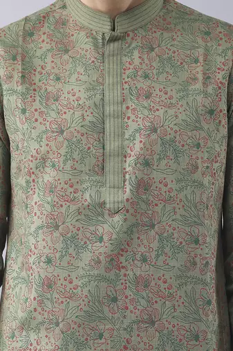 Green silk floral printed mens kurta & pant