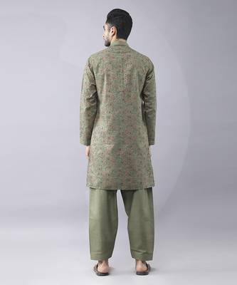 Green silk floral printed mens kurta & pant 4
