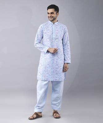 Sky blue silk floral printed mens kurta & pant 1