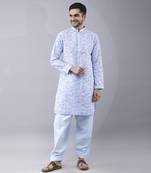 Sky blue silk floral printed mens kurta & pant