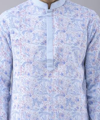 Sky blue silk floral printed mens kurta & pant 2