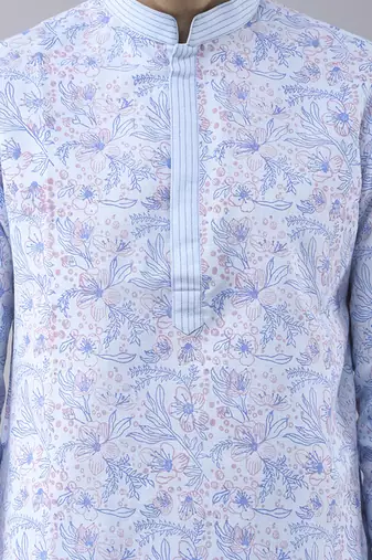 Sky blue silk floral printed mens kurta & pant