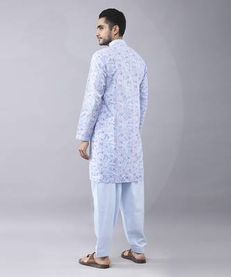 Sky blue silk floral printed mens kurta & pant 3