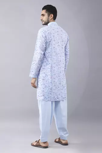 Sky blue silk floral printed mens kurta & pant