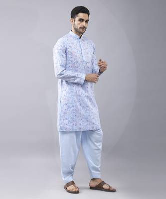 Sky blue silk floral printed mens kurta & pant 4