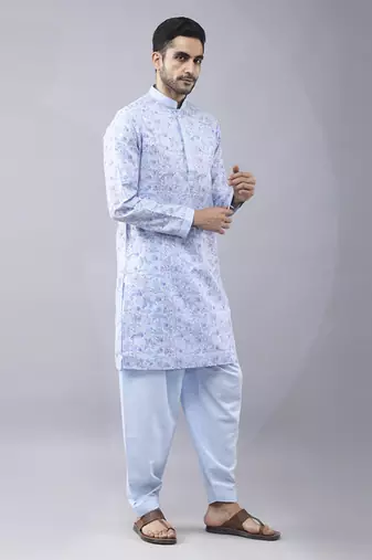 Sky blue silk floral printed mens kurta & pant