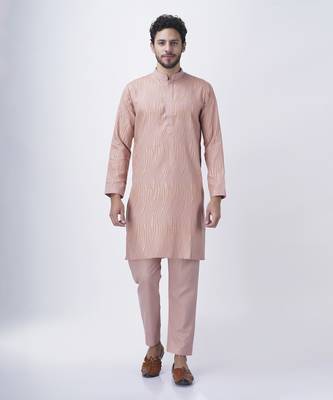Peach silk solid mens kurta & pant 1