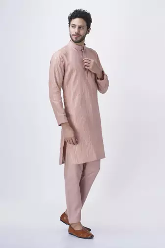 Peach silk solid mens kurta & pant