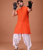 Orange Cotton Printed Short Sleeve Only Kurta For Mens