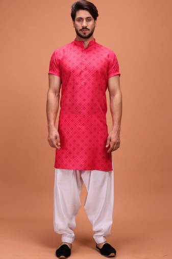 Pink Cotton Printed Short Sleeve Only Kurta For Mens