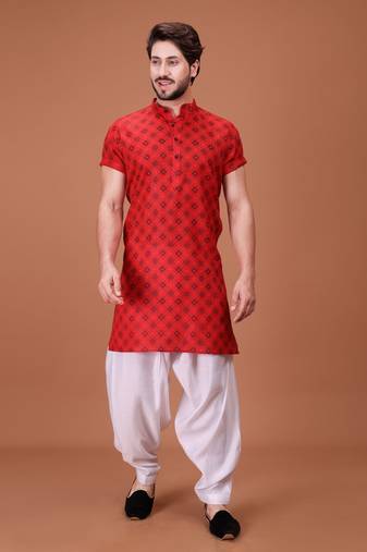 Red Cotton Printed Short Sleeve Only Kurta For Mens