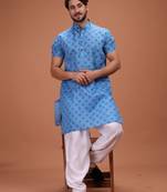 Blue Cotton Printed Short Sleeve Only Kurta For Mens