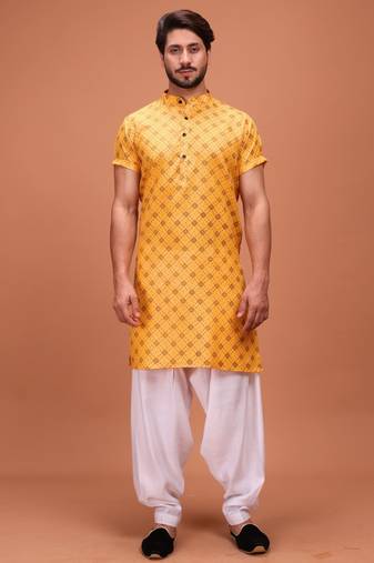 Yellow Cotton Printed Short Sleeve Only Kurta For Mens