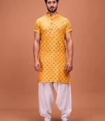 Yellow Cotton Printed Short Sleeve Only Kurta For Mens