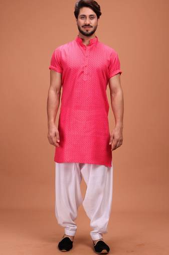 Pink Cotton Printed Short Sleeve Only Kurta For Mens