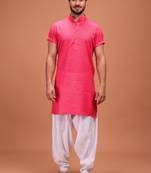 Pink Cotton Printed Short Sleeve Only Kurta For Mens