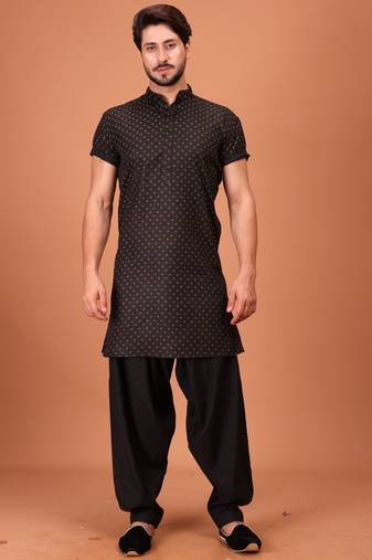 Black Cotton Printed Short Sleeve Only Kurta For Mens