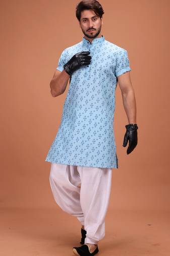 Blue Cotton Printed Short Sleeve Only Kurta For Mens