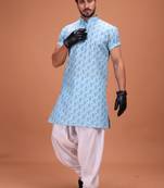 Blue Cotton Printed Short Sleeve Only Kurta For Mens