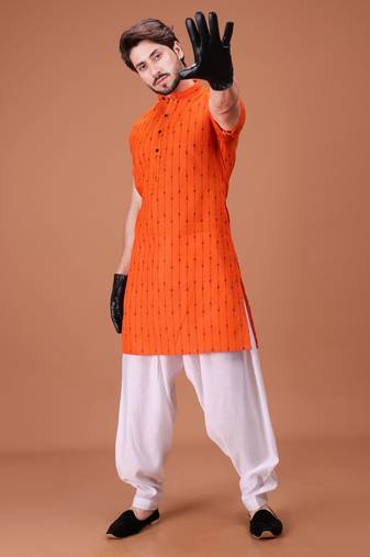 Orange Cotton Printed Short Sleeve Only Kurta For Mens