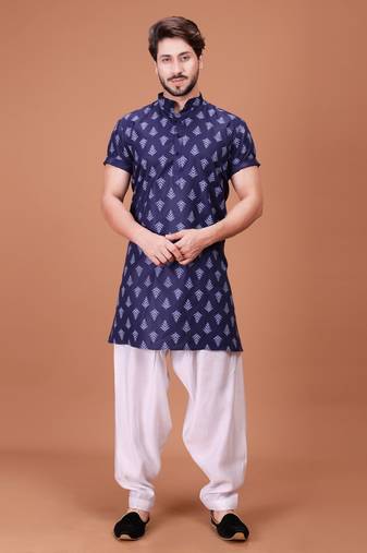 Navy Blue Cotton Printed Short Sleeve Only Kurta For Mens
