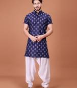Navy Blue Cotton Printed Short Sleeve Only Kurta For Mens