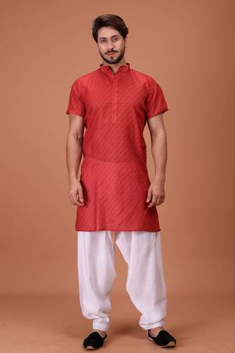 Red Cotton Printed Short Sleeve Only Kurta For Mens