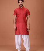 Red Cotton Printed Short Sleeve Only Kurta For Mens